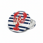 Round pinback button with navy-and-white stripes, red lobster and gold R monogram