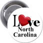 2.25-inch North Carolina pinback button: I Love with red heart on white face