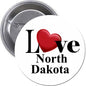 I Love North Dakota pinback button, round metal with red heart and text
