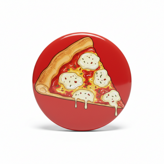 Round red button with a slice of pizza illustration on a white background