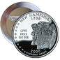New Hampshire state quarter style mint pinback, silver-tone coin with horse rider engraving