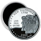 New Hampshire state quarter-style image magnet, 2.25-inch coin with “Live Free or Die” text