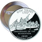 Round silver-tone pinback featuring New Jersey 1787 and crossroads of the revolution text