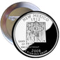 New Mexico quarter-style enamel pinback with “LAND OF ENCHANTMENT” and 1912, 2008 text