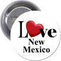Round I Love New Mexico pinback button with white face, red heart, black text