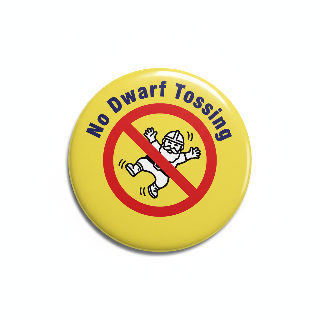 Yellow pinback button with "No Dwarf Tossing" text and crossed dwarf logo