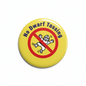 Yellow pinback button with "No Dwarf Tossing" text and crossed dwarf logo