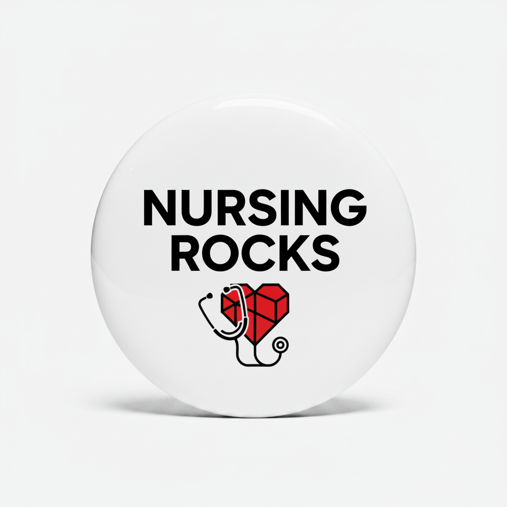 Round white badge reel with “Nursing Rocks” text and stethoscope icon