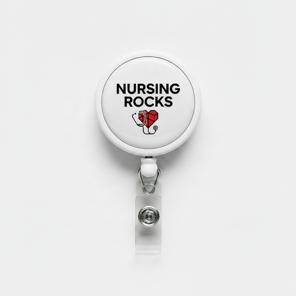 Retractable badge reel with round “Nursing Rocks” disc and metal clip