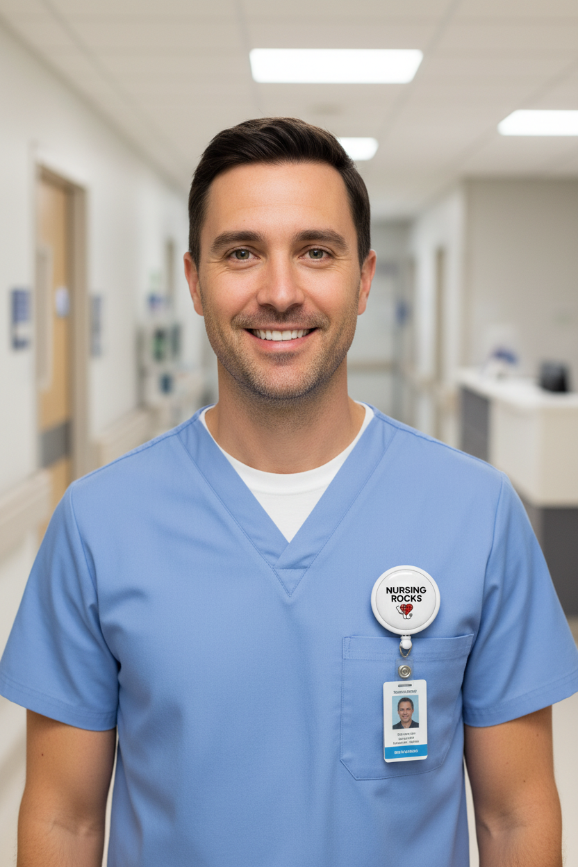 Light blue nurse scrub shirt with pocket badge reel and ID badge