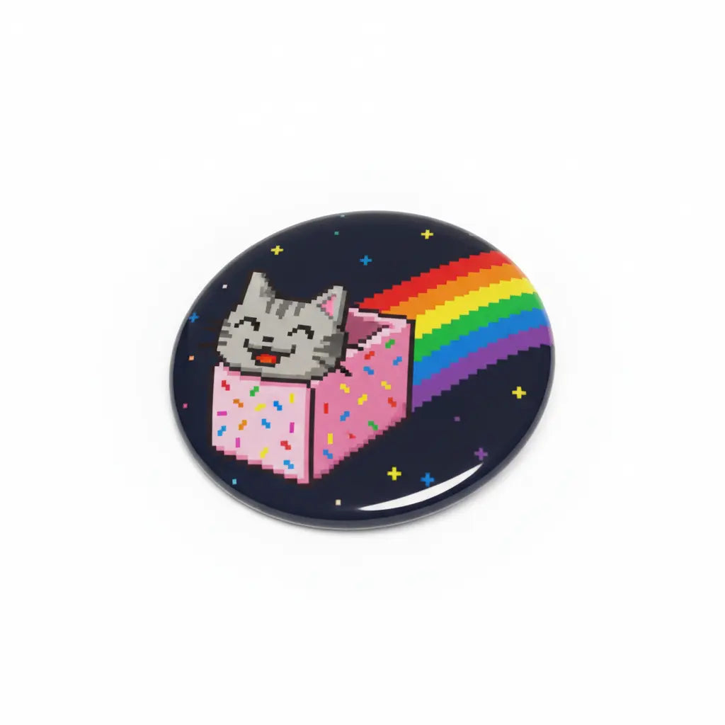 2.25-inch pinback button with pixel cat, rainbow and stars on dark background