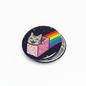 2.25-inch pinback button with pixel cat, rainbow and stars on dark background