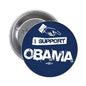 Blue circular pinback button with I Support Obama text and hand graphic