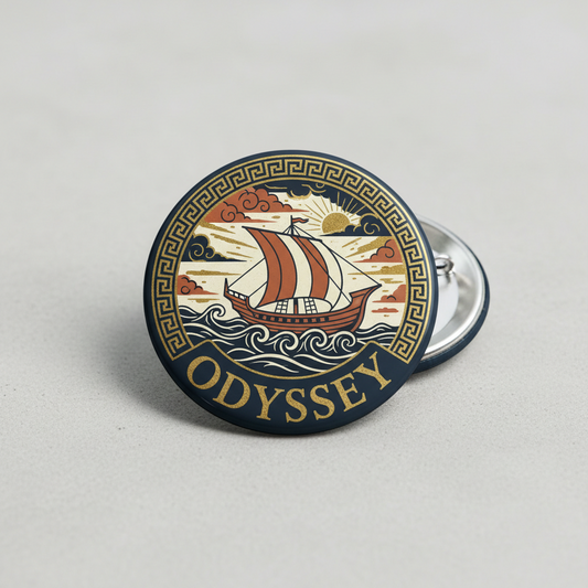 Round Odyssey pinback button with Greek border, sailing ship graphic, metal safety pin