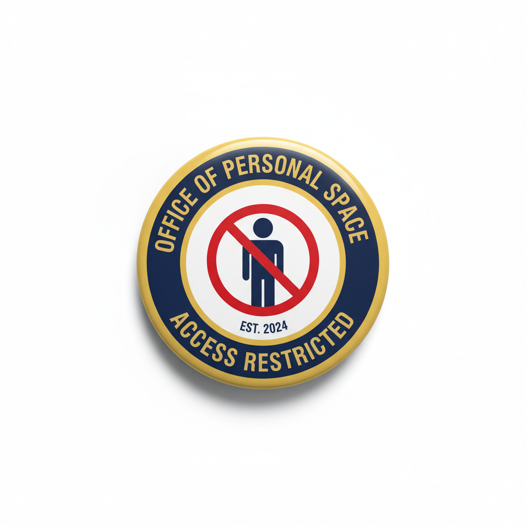 Circular access restricted pin badge with navy text and red prohibition icon