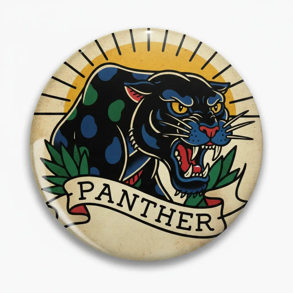 2.25-inch round pinback button with black panther head and PANTHER lettering