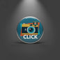 Round camera pinback button with colorful illustration and 'CLICK' text