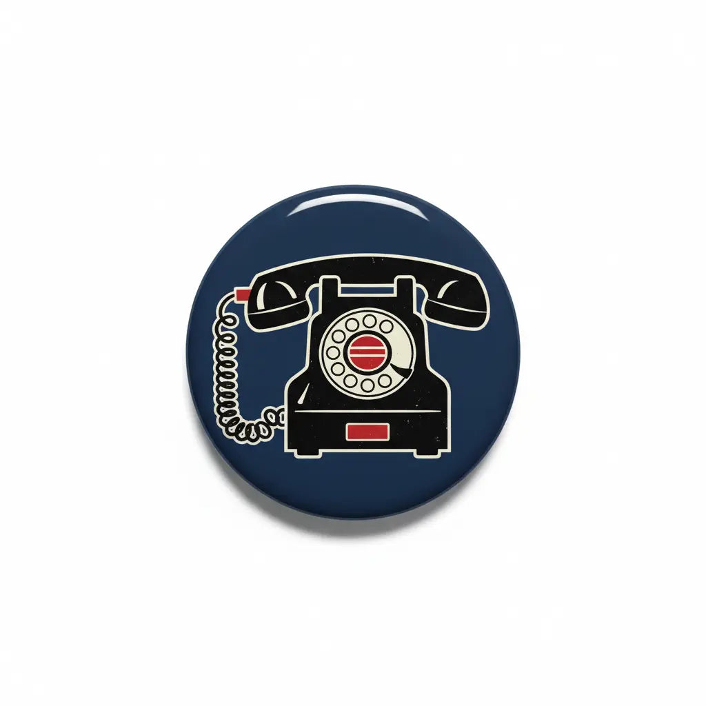 2.25-inch dark blue rotary phone pinback button with white and red phone graphic