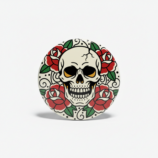 Round tattoo skull pinback with yellow eyes, red roses, and green leaves