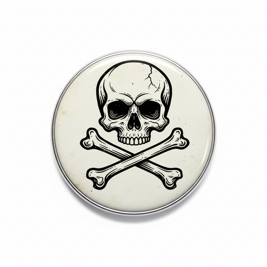 2.25-inch pinback button with vintage skull and crossbones design
