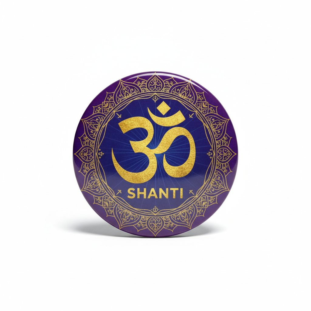 Round purple enamel pin with gold OM symbol and SHANTI text, ornate border