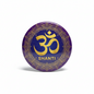 Round purple enamel pin with gold OM symbol and SHANTI text, ornate border