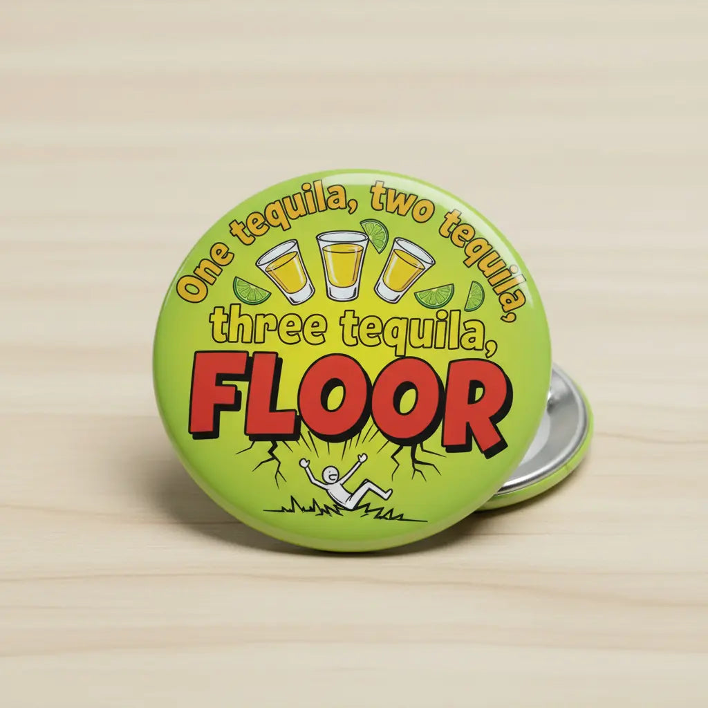 2.25-inch green pinback button, tequila text and red 'FLOOR' design