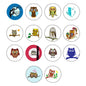 14-piece owl pinback set of round enamel-style badges with assorted owl designs