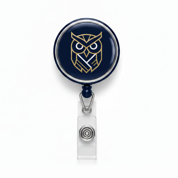 Navy owl symbol retractable badge reel with gold-tone owl graphic and metal clip