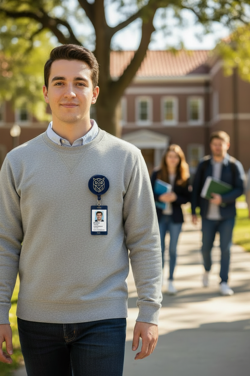 Owl badge reel clipped to a sweater with a photo ID badge
