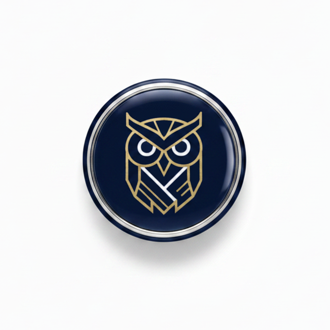 Navy round owl symbol retractable badge reel with gold-tone owl emblem