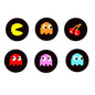 Set of six round pinback buttons with pixel-art Pac-Man ghosts in assorted colors