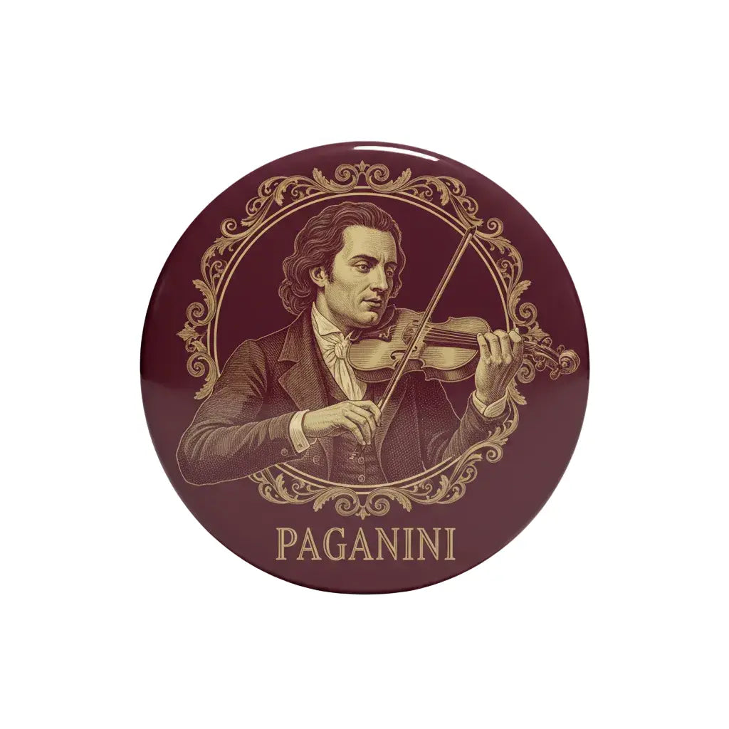 Nicolo Paganini classic music pinback button, 2.25-inch, maroon portrait with violin and bow
