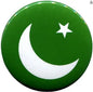 Pakistan flag pinback button with green circular design, white crescent and star