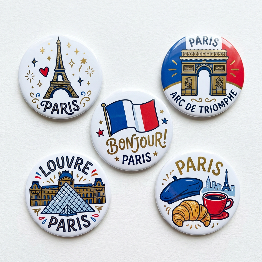 Paris France Travel Souvenir Pin Button 2.25-inch 5 Pcs