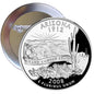 Circular Arizona state quarter pinback button, silver rim, cactus and Grand Canyon artwork, 2008