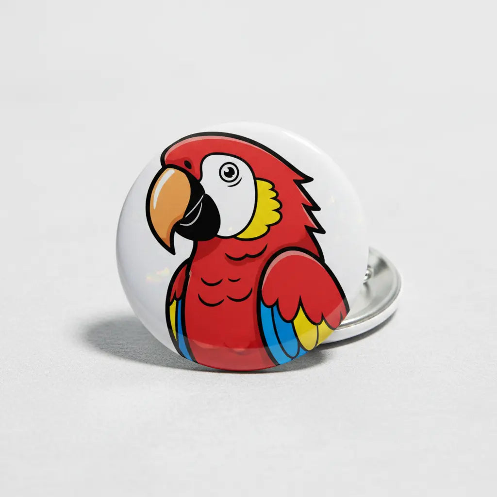 Red bird button pinback with colorful parrot illustration and metal back clasp