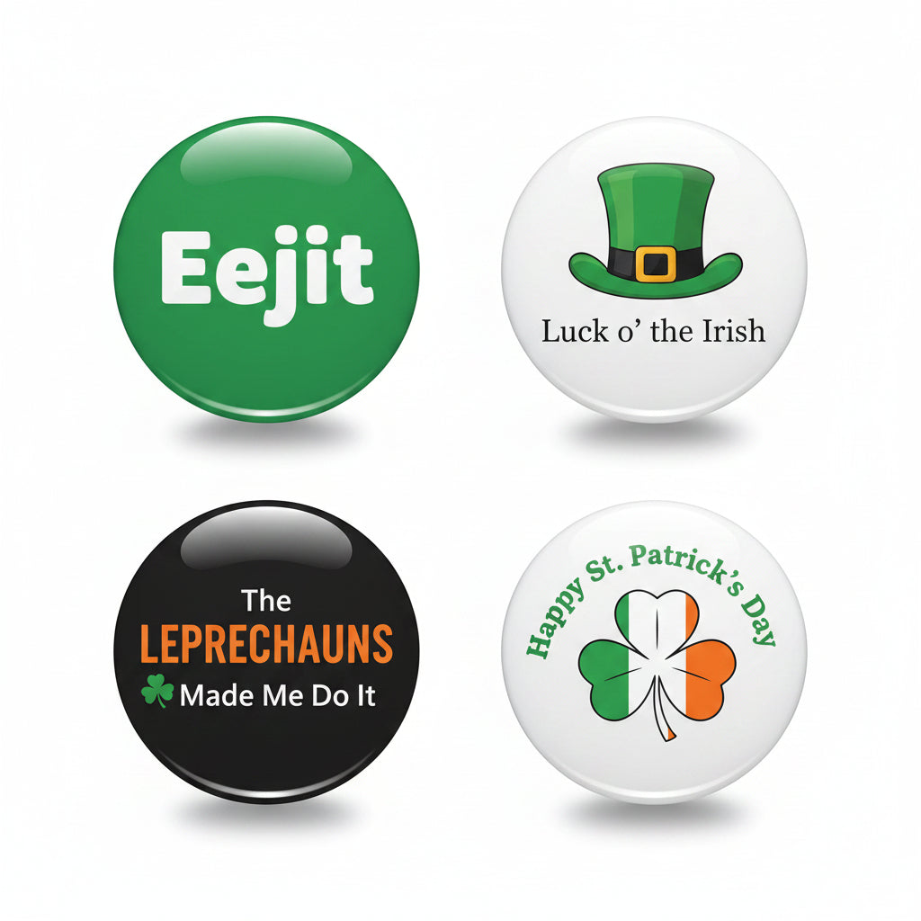 Four circular St. Patrick's Day themed button badges arranged in a 2x2 grid on a white background.