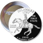 Round Delaware 1787 pinback button with rider on horse, text “The First State” and “E Pluribus Unum”