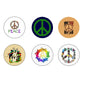 Peace sign pinback button set, 6 round 1.25-inch designs with colorful peace symbols