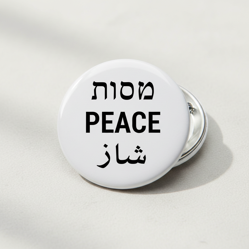 PEACE in Three Languages HEBREW ENGLISH ARABIC Pinback Button 2.25-inch