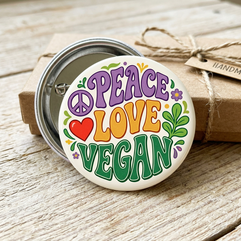 Peace Love Vegan Pin Button 2.25-inch