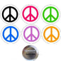 Peace sign pinback set of 6 circular badges with colorful borders; one shows back clasp.