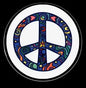 Colorful peace symbol pinback button with blue, red, yellow star details