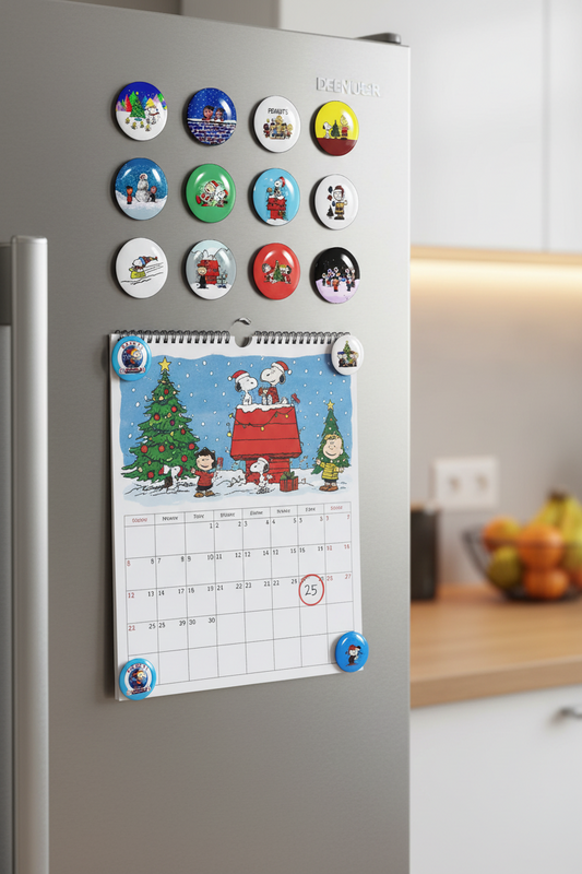 Set of round Peanuts Christmas fridge magnets on a calendar sheet