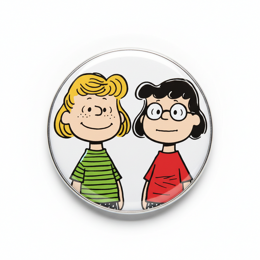2.25-inch pinback button with Peppermint Patty and Marcie character art