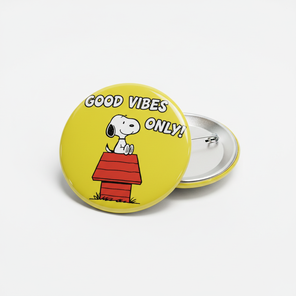 Two round pinback buttons on a light gray background. The front button is bright yellow with the text 'GOOD VIBES ONLY!' above a cartoon dog sitting on a red doghouse.