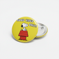 Two round pinback buttons on a light gray background. The front button is bright yellow with the text 'GOOD VIBES ONLY!' above a cartoon dog sitting on a red doghouse.