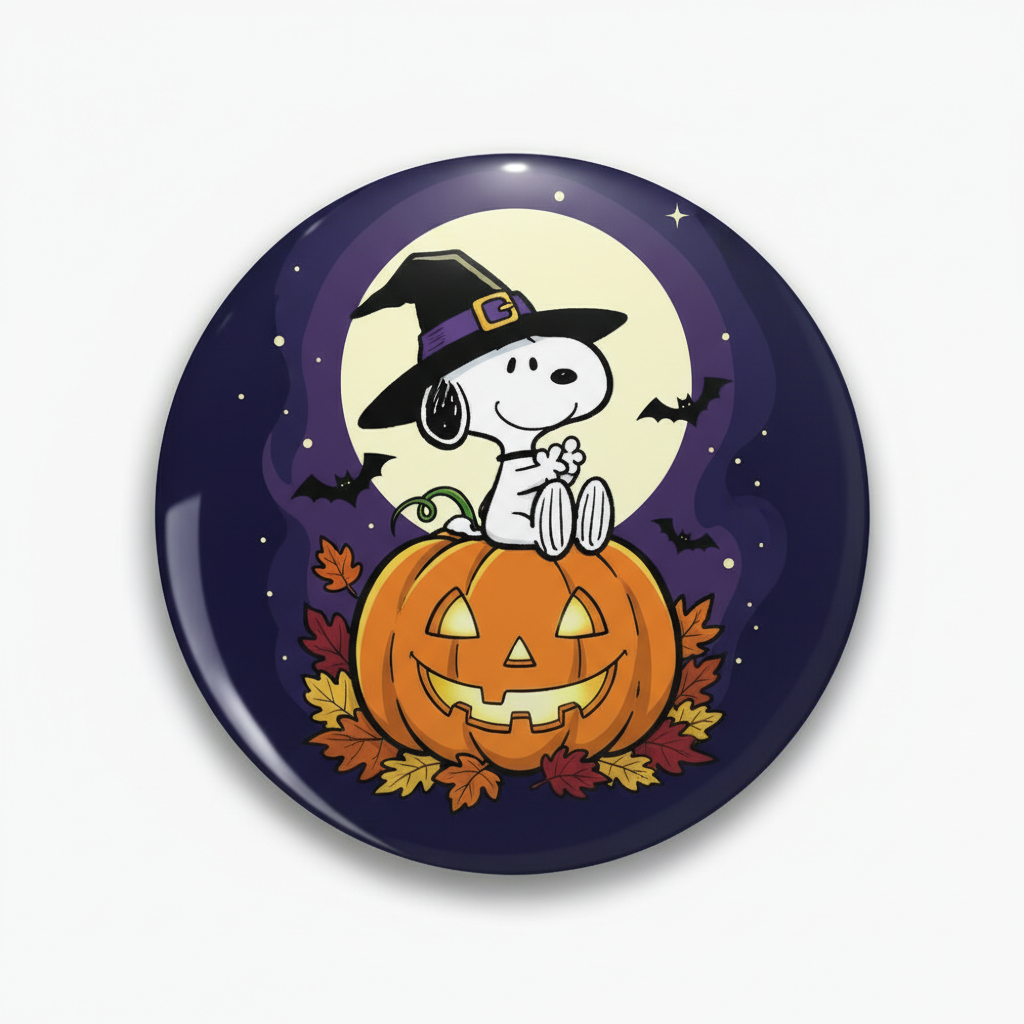 A round Snoopy-themed Halloween pinback button featuring Snoopy sitting on a carved jack-o'-lantern pumpkin under a witch hat, with bats, stars, and autumn leaves on a dark purple night background.