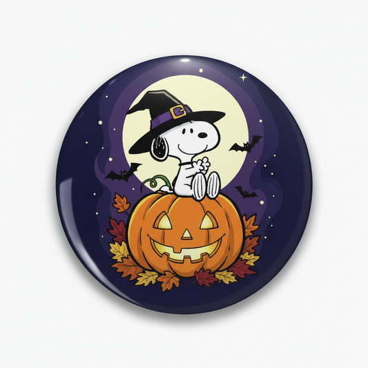 A round Snoopy-themed Halloween pinback button featuring Snoopy sitting on a carved jack-o'-lantern pumpkin under a witch hat, with bats, stars, and autumn leaves on a dark purple night background.